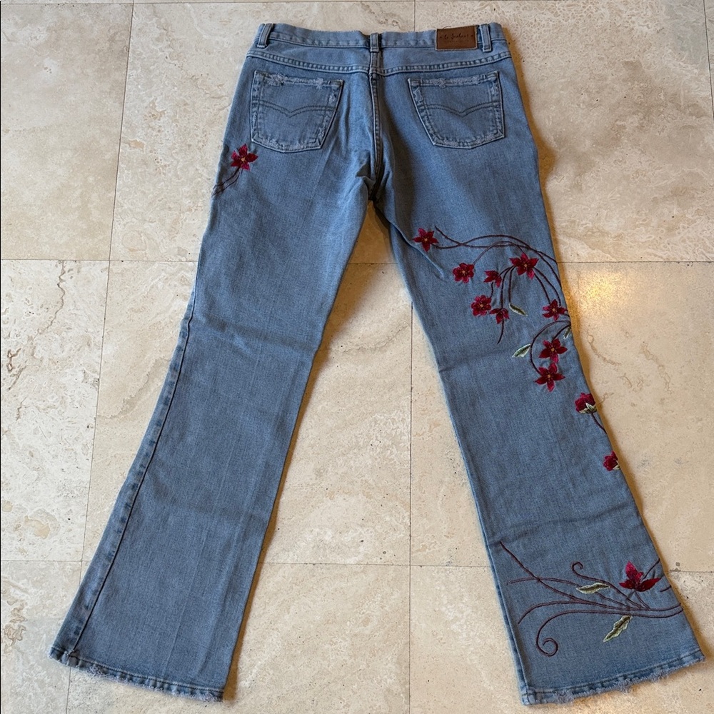 Floral Embroidered Blue Flare Jeans - Picture 4 of 6